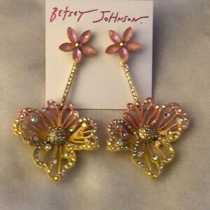 Betsey Johnson Gold Tone Pink & Yellow Double Flower Drop Earrings Crystal NWT